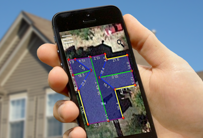 roofer measuring a roof using Pitch Gauge on an iPhone