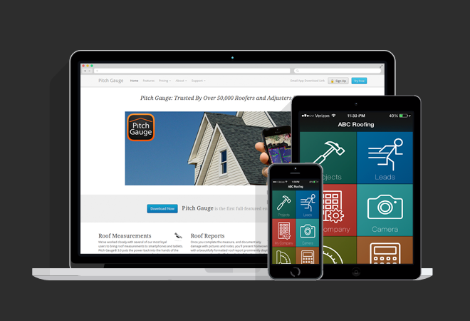 Pitch Gauge roofing software used on an iPhone, iPad, and Computer